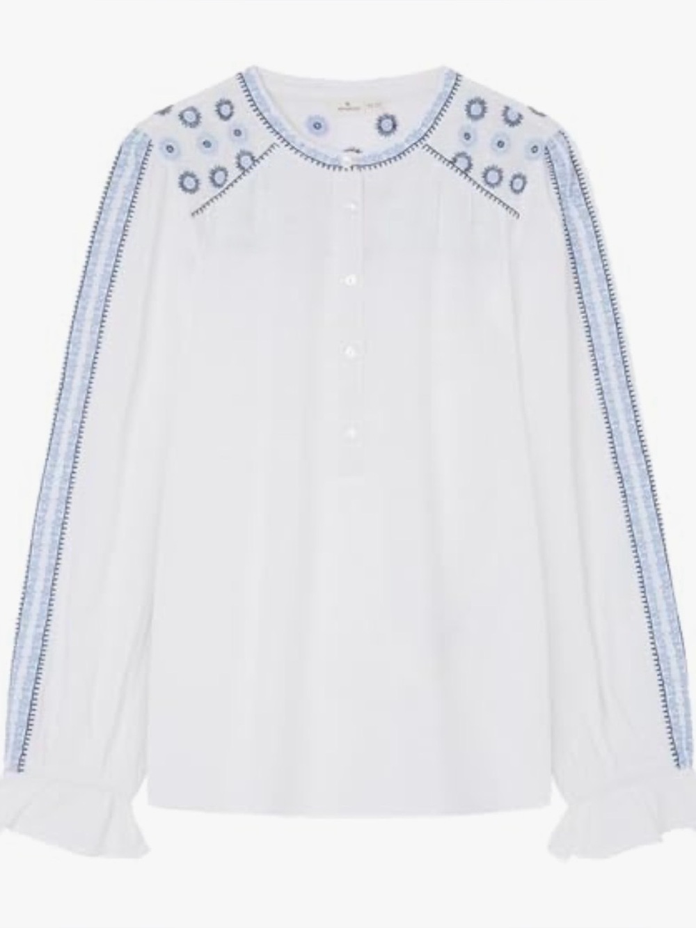 Womens White Blouse with Blue Embroidered Detail